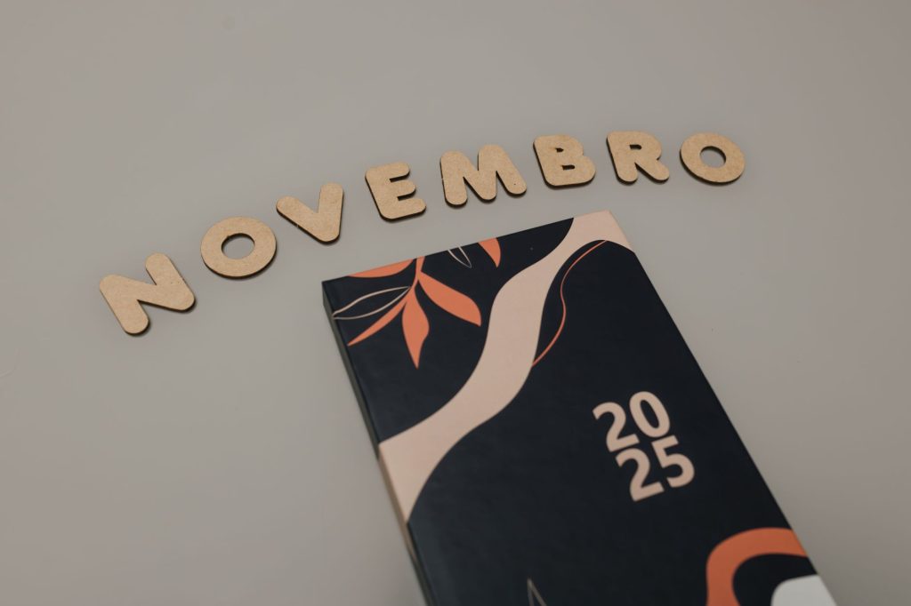 Minimalist planner cover with 'Novembro' letters and 2025 year.