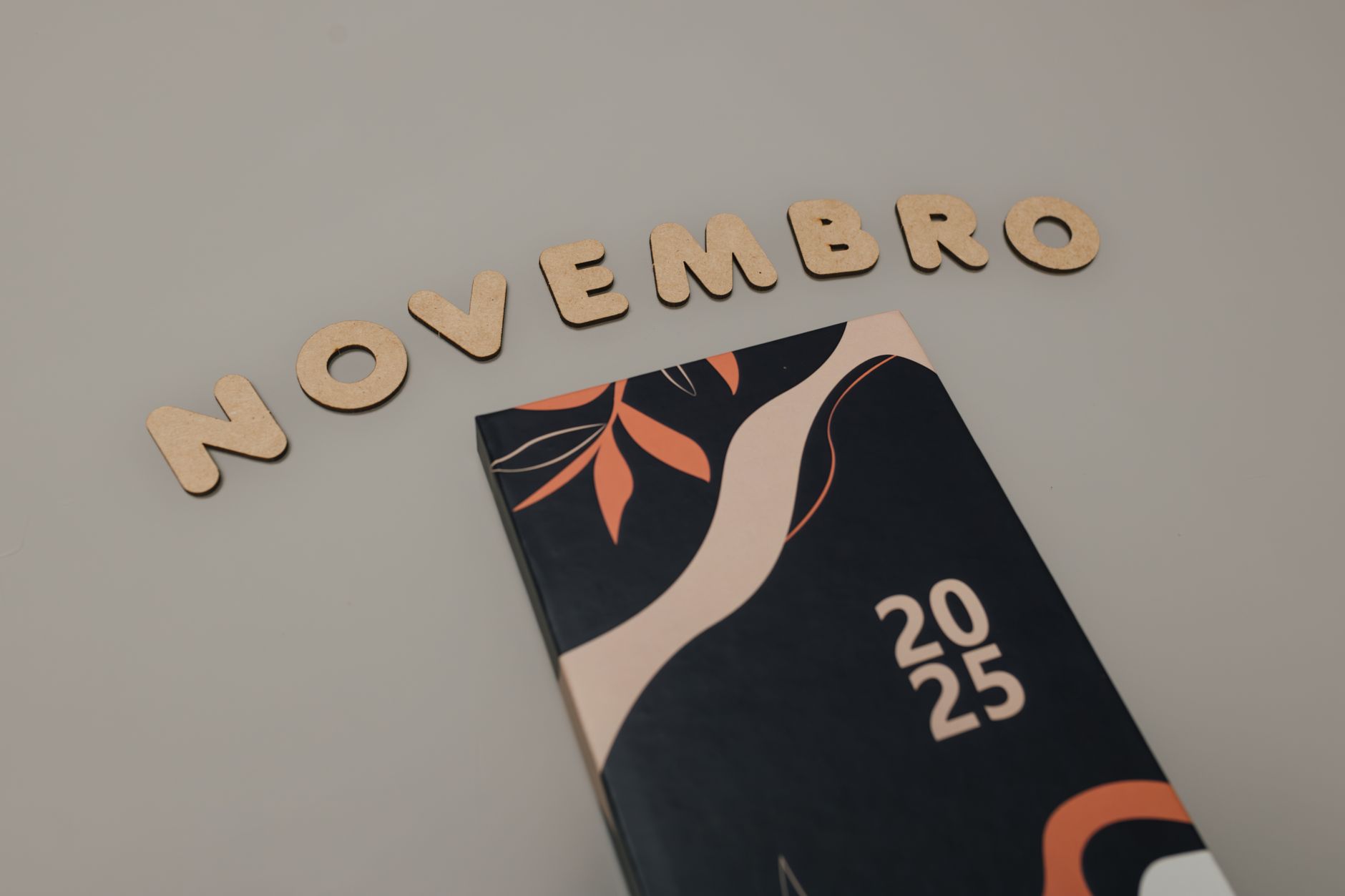 Minimalist planner cover with 'Novembro' letters and 2025 year.