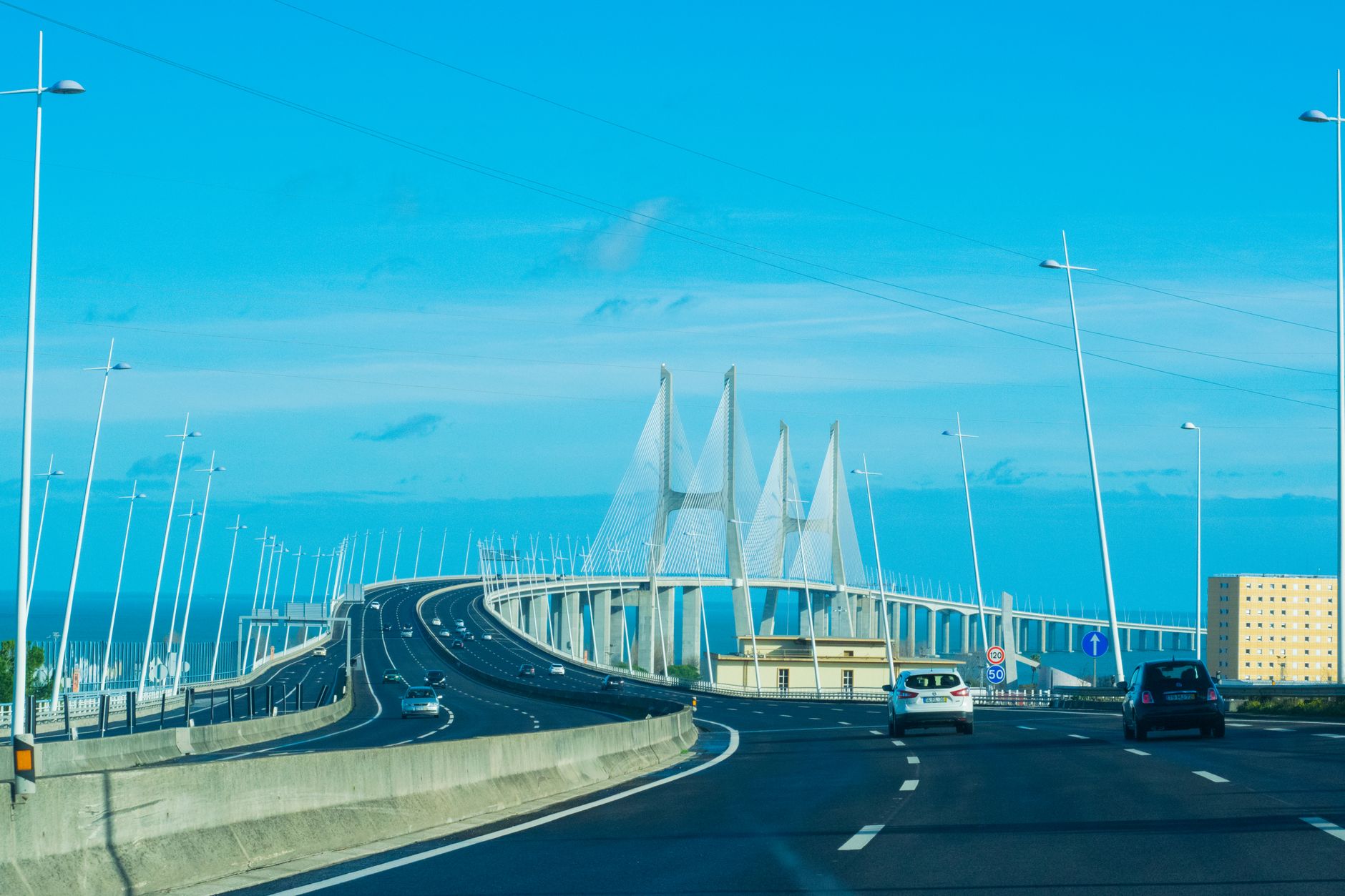 Stunning view of Vasco da Gama Bridge over Tagus River in Lisbon, Portugal.