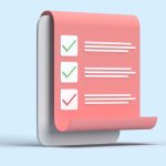 3D illustration of a checklist with checkmarks on a rolled paper sheet against a blue backdrop.
