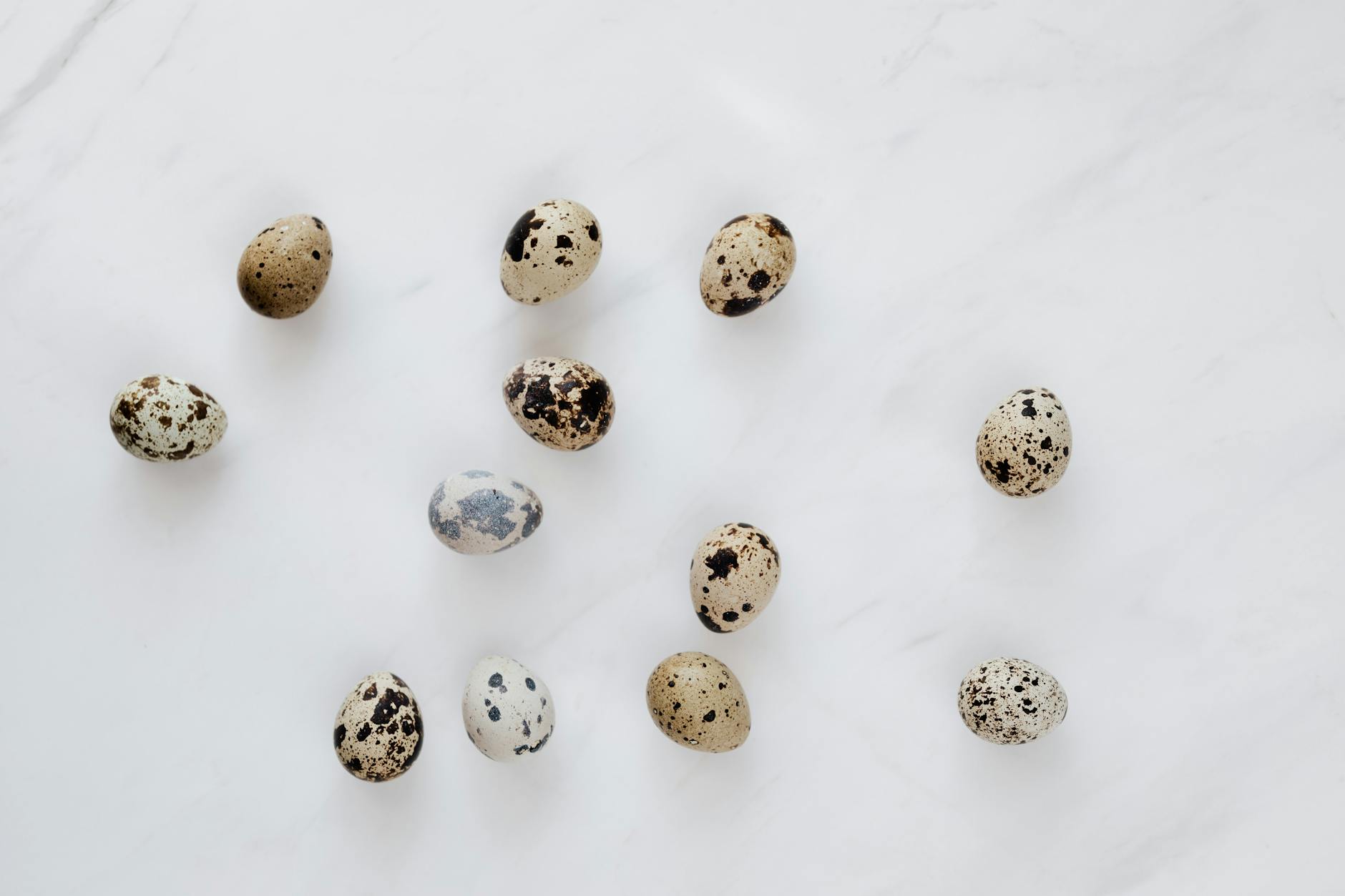 Top view of natural quail eggs placed chaotically on white table during cooking process in kitchen