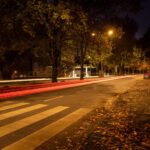 Captivating night view of a road in autumn with light trails and trees in São João da Madeira, Portugal.