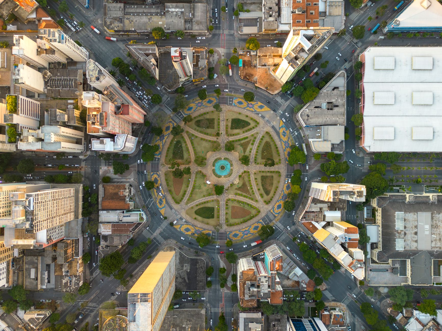 Stunning aerial view of a vibrant roundabout in Belo Horizonte, surrounded by urban architecture.