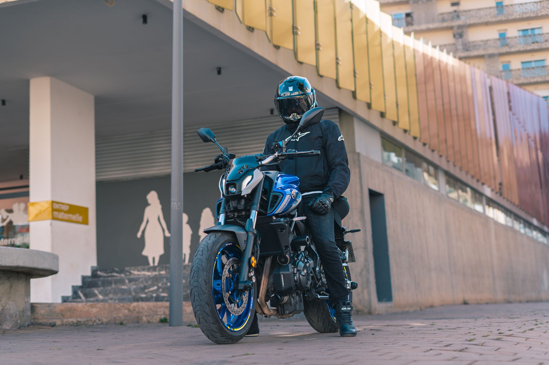 Biker on Yamaha MT-07 on a city street in Casablanca, Morocco, showcasing urban lifestyle and adventure.